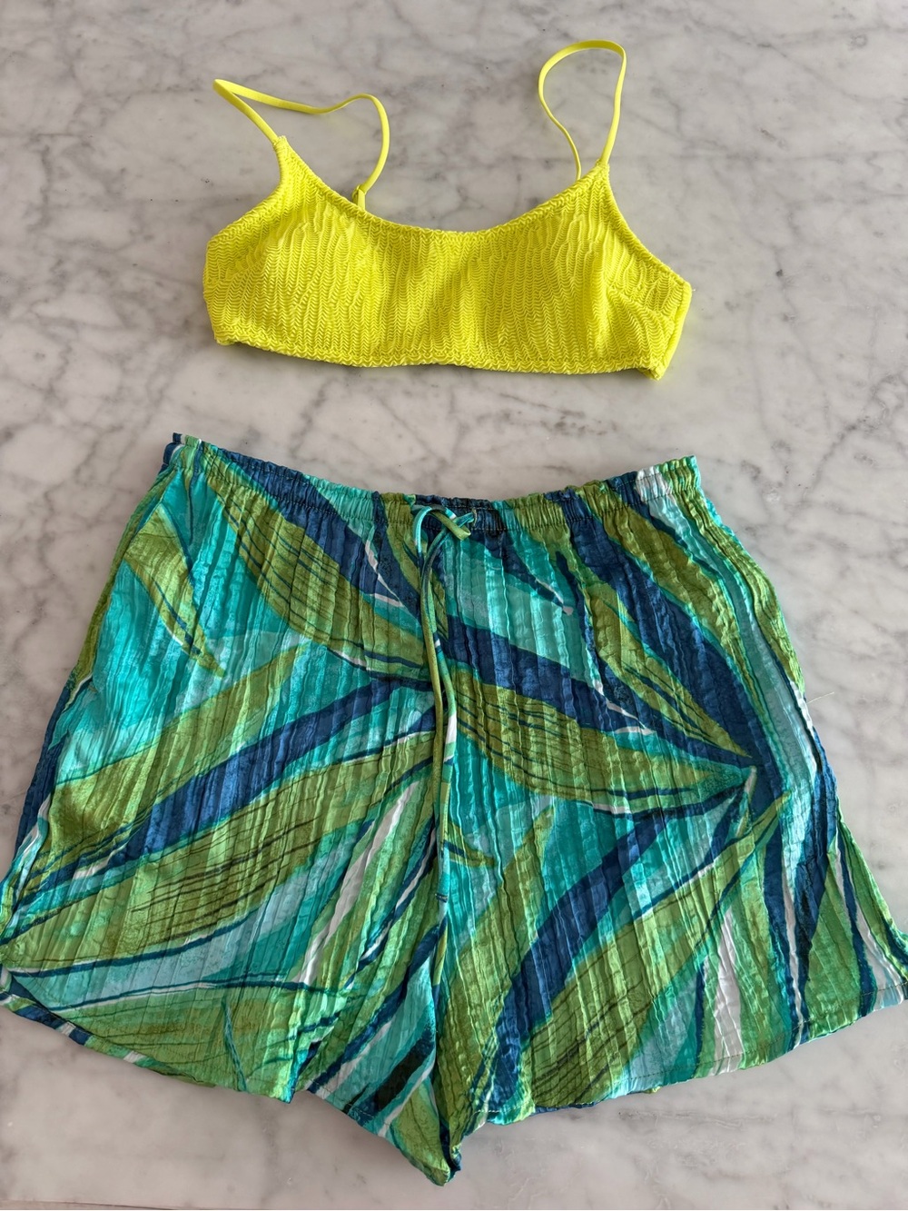 H&M Neon Yellow Bikini Top with Turquoise Green Printed Shorts